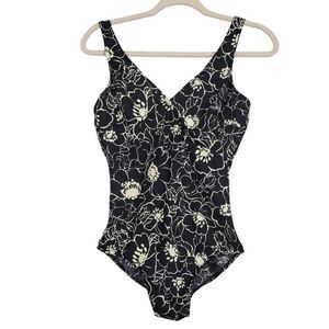 Miraclesuit Black Floral One Piece Swimsuit Sz 10 Padded Wirefree Slimming V-Nec